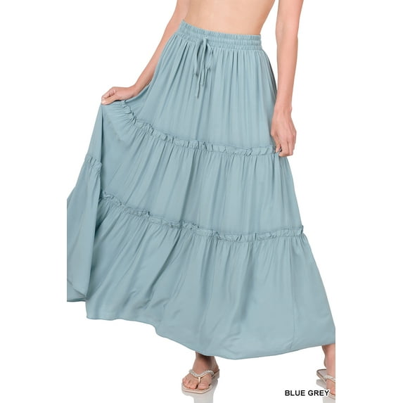 Zenana Women & Plus Boho Elastic Drawstring Waist Tiered Ruffle A-Line Woven Maxi Skirt