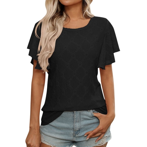 Women's Summer Floral Cutout Ruffle Sleeve T-Shirt Casual Loose Fit Blouse Top Comfortable Lightweight Fashion Tee