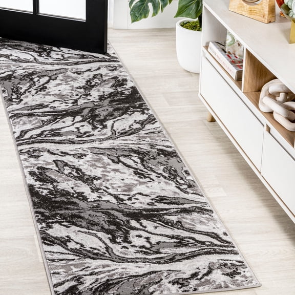 JONATHAN Y SILK ORCHID 2 x 10 Runner Rug, Swirl Marbled Abstract - Black/Ivory, SOR203E-210
