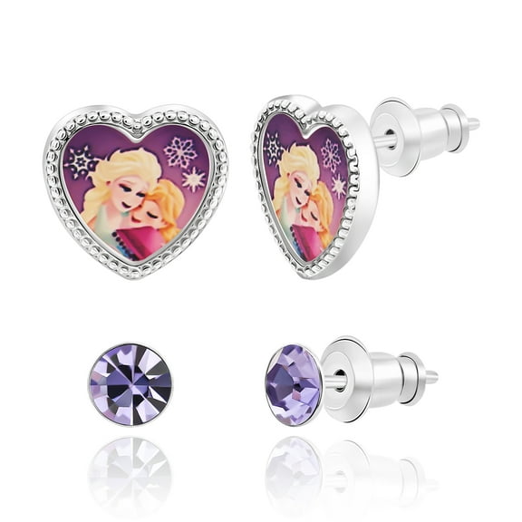 Disney Frozen Anna and Elsa Heart Sisters and Purple Crystal Stud Earrings Set - 2 Pairs