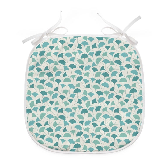 Forest Dining Chair Pad, Native Chinese Woodland Leaves from Ginkgo Trees Pastel Silhouettes, Water Resistant Pillow with Straps for Kitchen Seats, 8 Pieces Set, Teal Turquoise and Cream, by Ambesonne