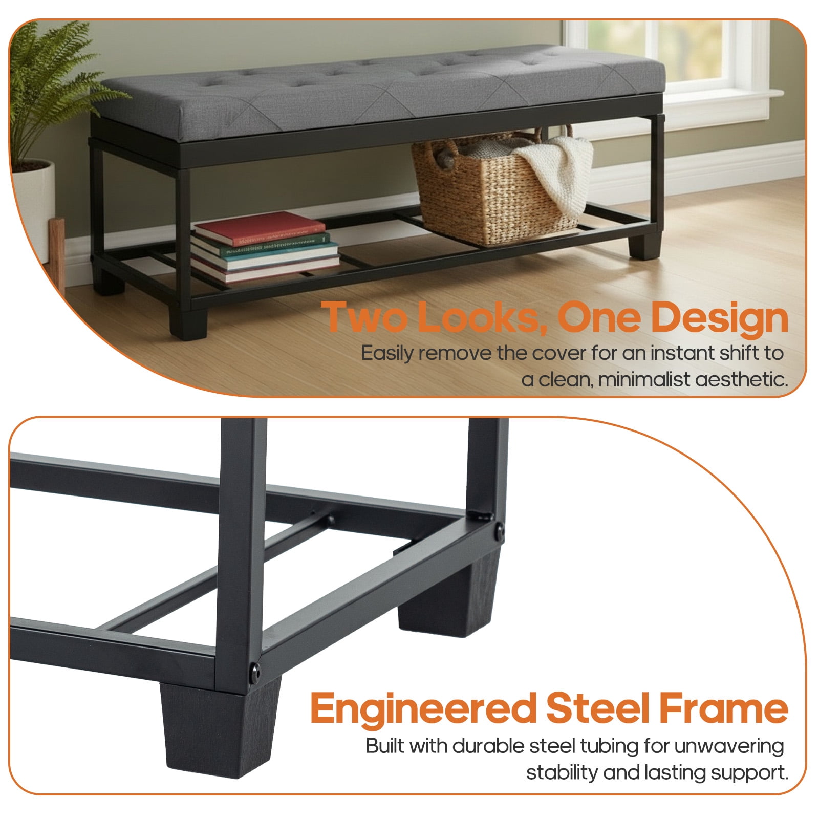 CONCETTA Versatile Storage Ottoman Bench, Tufted Upholstered End of Bed Chest, Foot Rest with Legs, Ample Capacity for Living Room, Entryway, Dark Gray