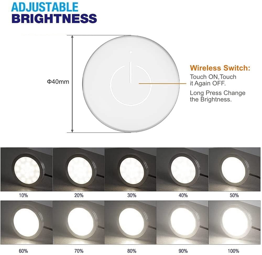 VST Under-Cabinet LED Lights, 2W (12W Total, 60W Equivalent), Wireless Dimmer Switch, Recessed or Surface Mount Puck Light for Kitchen, 3000K, 6 Pack，White