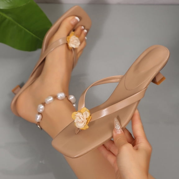 GERsome Women's Low Kitten Heels Flip-Flops Square Toe Slip-On Thong Sandals Wedding Party Dress Shoes for Summer Casual, Khaki Size 7.5