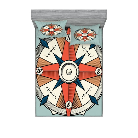 Ambesonne Vintage Fitted Sheet & Pillow Sham Set, Cruise Compass Grunge, Full, Pale Orange Turquoise