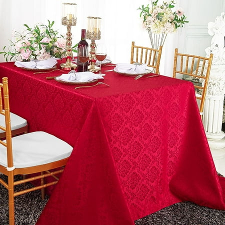 

Wedding Linens Inc. 90 x 132 Seamless Rectangular Marquis Damask Jacquard Polyester Linen Tablecloth - Apple Red