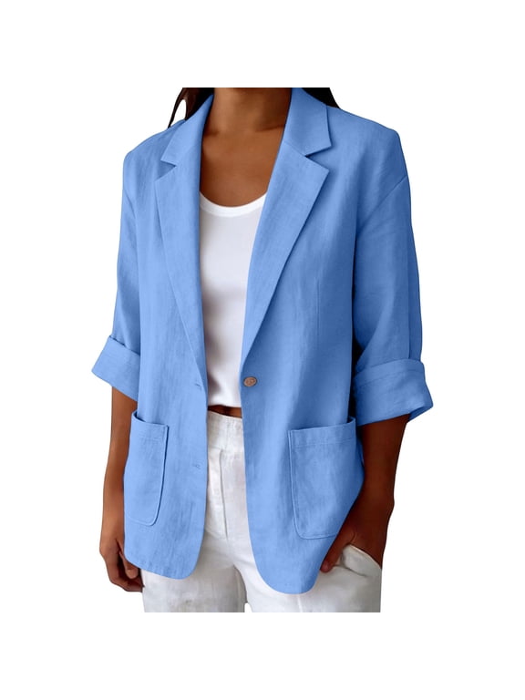 Linen Blazer For Women, Double Breasted Long Sleeve Suit Jacket, Breathable Casual Work Blazer With Pocket, Office & Streetwear Outfit Blue S