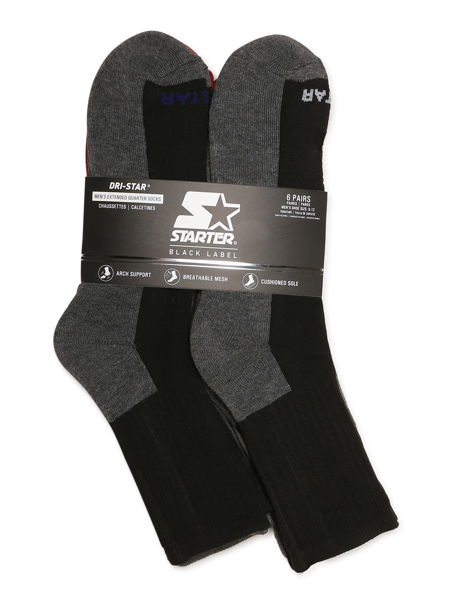 Starter Men's Half Cushion Extended Quarter Socks, 6-Pack