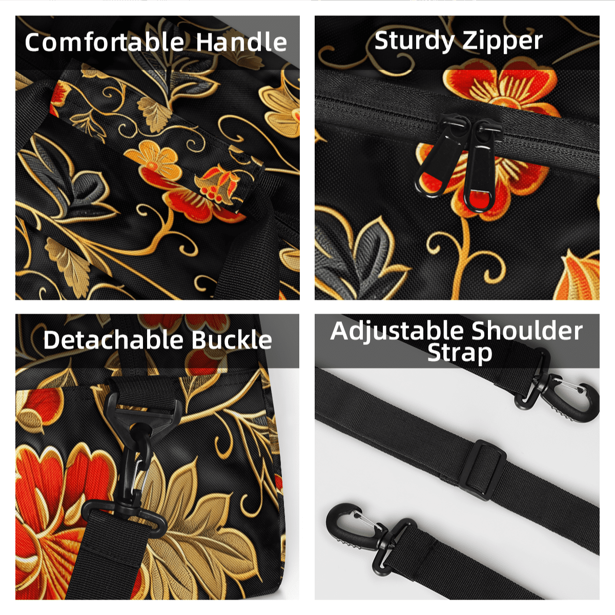 Herdesigns Gold Red Flowers Sports Duffle Bag for Women & Men, Retro Floral Gym Bag Dance Bag Overnight Bag Carry On Weekender Travel Bag