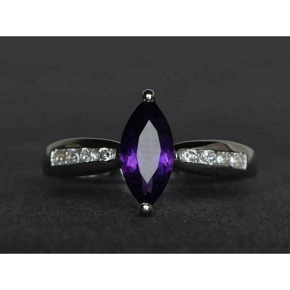 2.00Ct Marquise Cut Purple Amethyst Lab Created Solitaire Band Wedding Ring 14K White Gold Plated 925 Silver