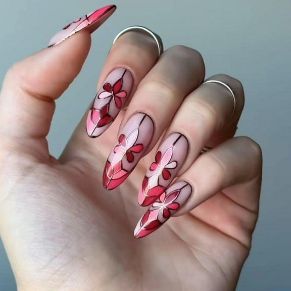 Yammee Creative Oval Nail with Unique Floral Design Press on Nail for Holiday Parties