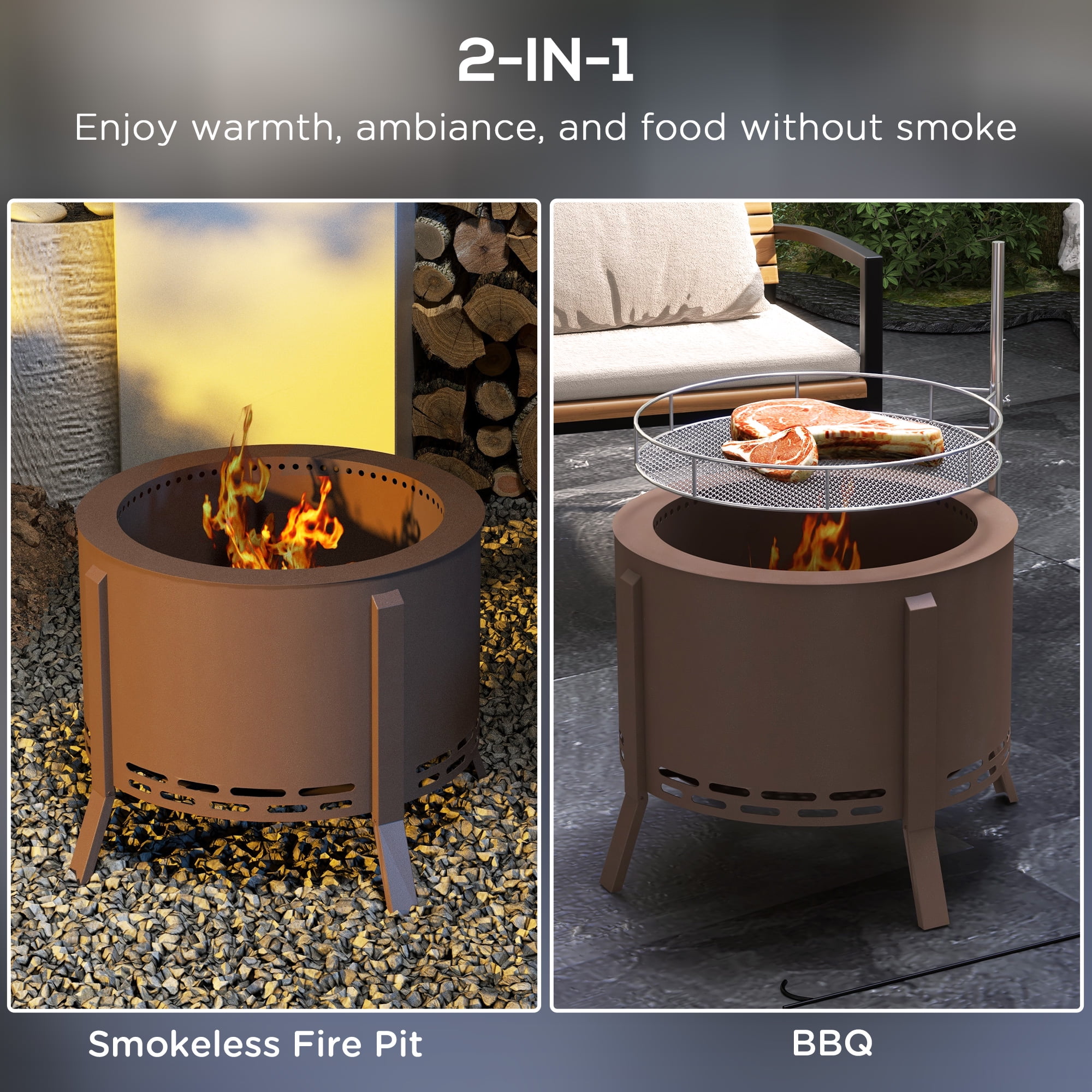 Aimee Lii 19" Portable Wood Burning Firepit with Cooking Grate and Poker, 2-in-1 Smokeless Fire Pit, BBQ Grill, Low Smoke Camping Bonfire Stove for Backyard Patio Picnic, Steel, Bronze