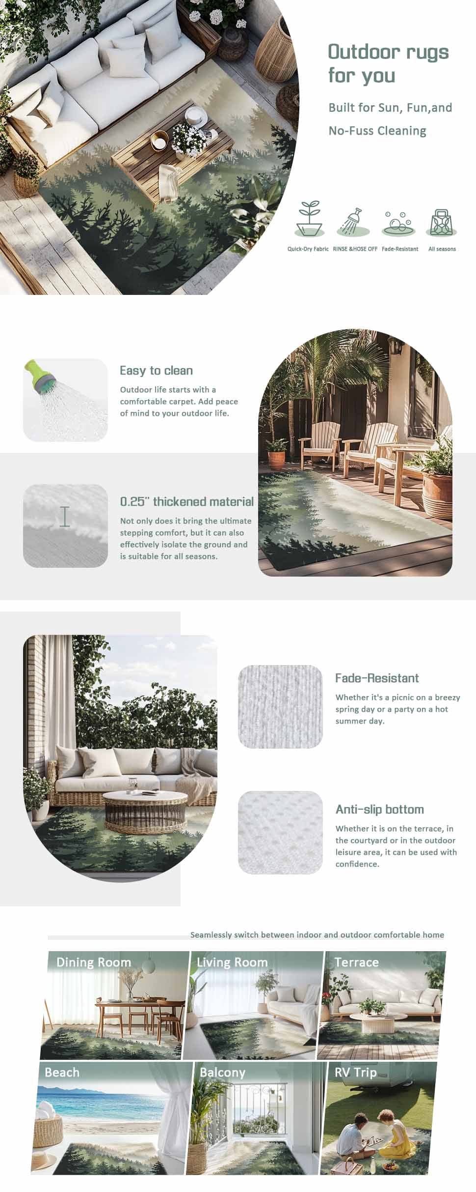 Mountains Outdoor Rug for Patio/Deck/Porch, Non-Slip Large Area Rug 6 x 9 Ft, Watercolor Forest Nature Pine Trees Landscape Indoor Outdoor Rugs Washable Area Rugs, Camping Rug Carpet Runner