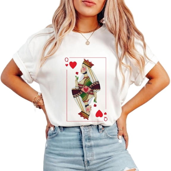 Vintage Queen of Hearts Graphic Tees for Women Playing Cards Print T-shirts Short Sleeve Casual Tops for Daily Outfits White,M