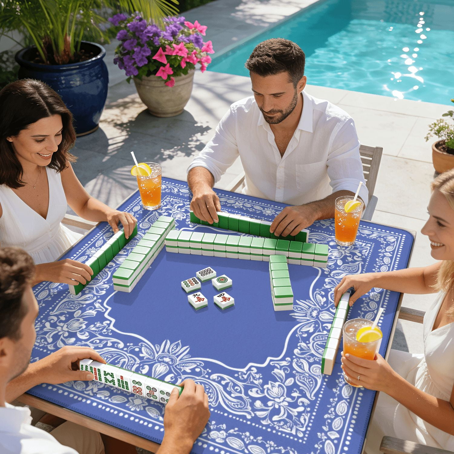 Mahjong Mat 31.5" x 31.5" Intricate Paisley Bandana Design White Blue Non-Slip Noise Reduction American Mahjong Tiles Table Cover for Dominoes Poker Card Board Games Gift