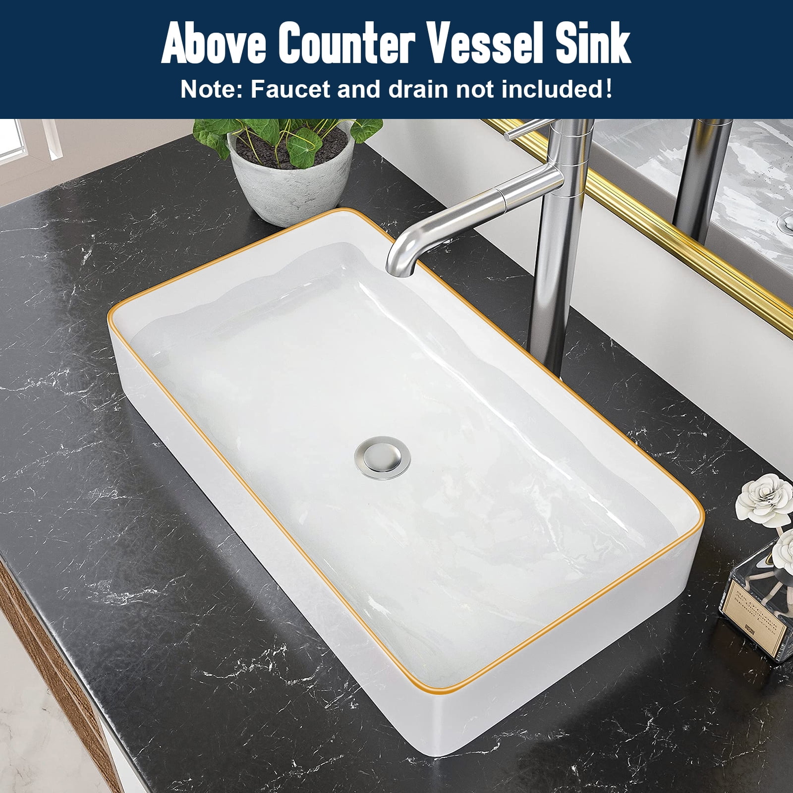 Bathroom Sink Rectangular 24"x 14"Bathroom Wash Basin With Gold Rim Design Art Basin Vanity Sink