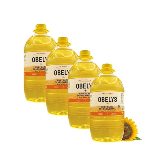 Obelys High Oleic Sunflower Oil | 4 Pack 1.3 Gallon Jug - Neutral Oil For Medium to High Heat Cooking, Non-GMO, Kosher, Cholesterol Free | 5L / 169 Oz