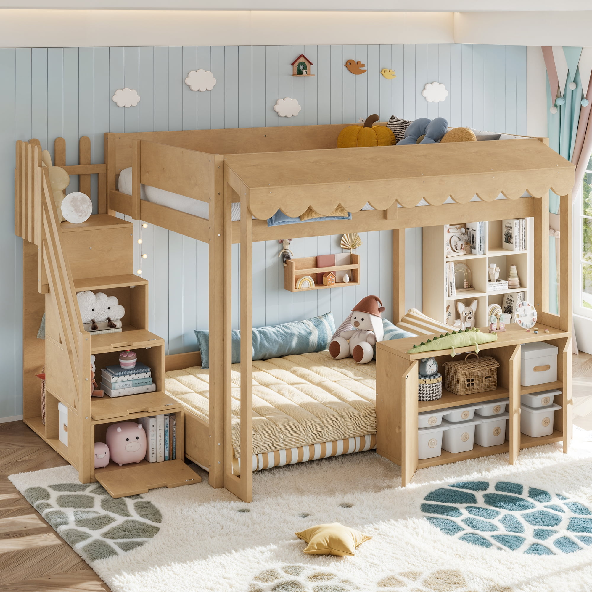 Leumius Full over Full Size Playhouse Loft Bed with Storage Stairs, Solid Wood Loft Bed with Pretend Convenience Store Counter, Convertible Underbed Space for Sleep or Play Natural