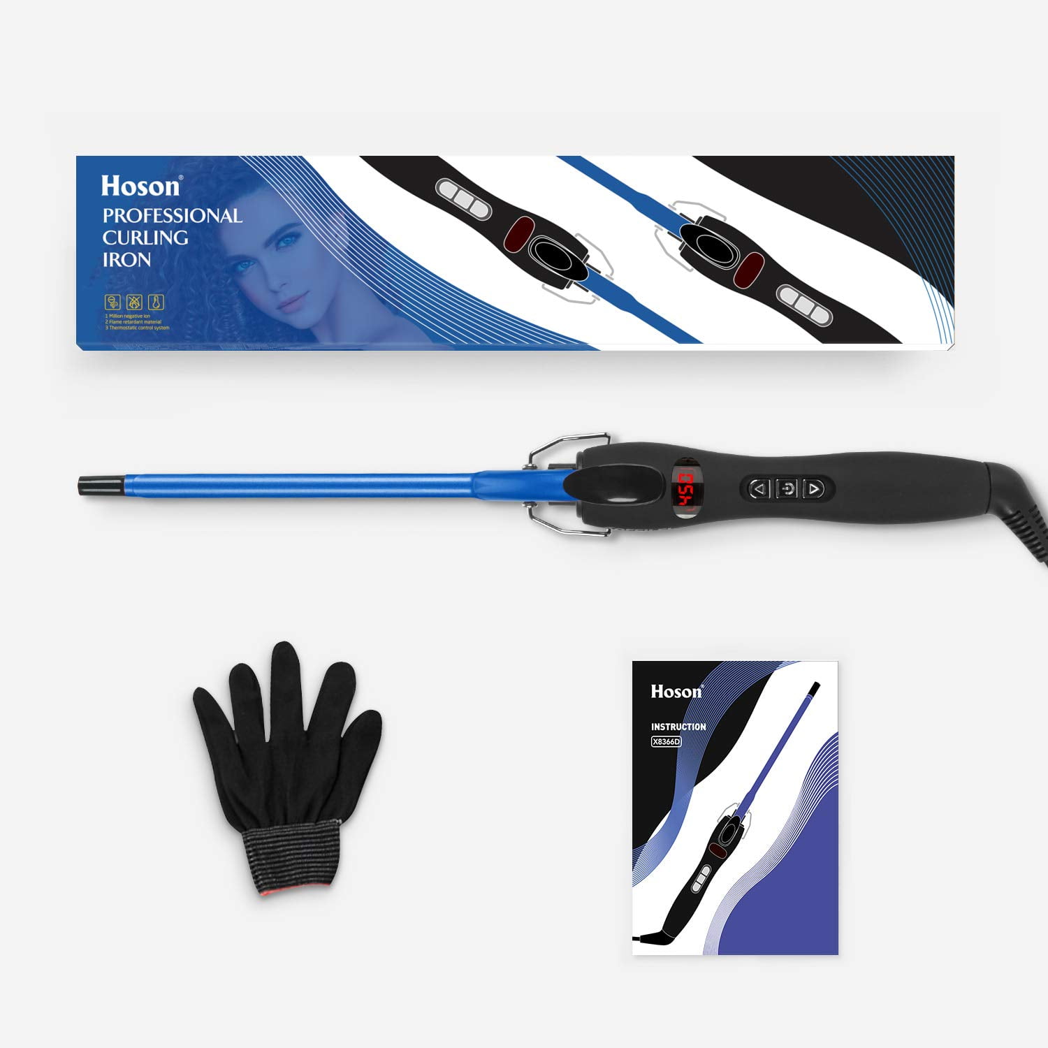 9mm Thin Curling Iron Ceramic, 3/8 inch Small Barrel Curling Wand for Long & Short Hair, LCD Display with 9 Heat Setting Include Glove(Blue)