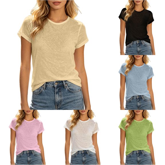 DHFJKG Womens Basic Tee Semi Sheer Casual Summer Lightweight Short Sleeve Loose Fit Crew Neck T Shirt Summer Beach Vacation Outfit Stylish Tops