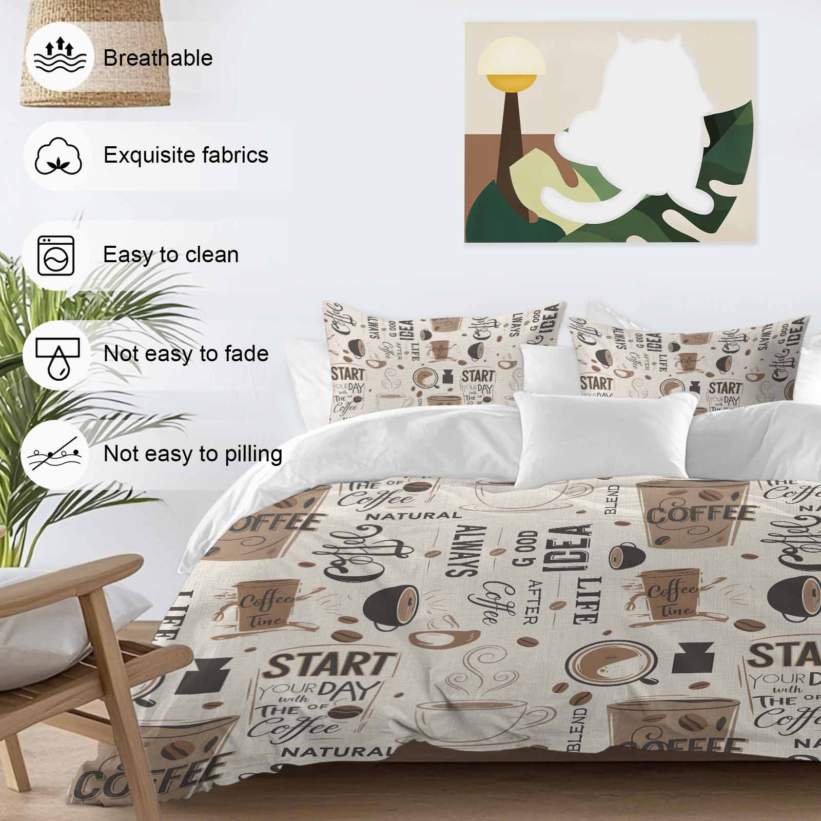 Coffee Cup Bedding Duvet Cover Set Full Size 4 Pieces Coffee Beans Linen Background Soft Twill Plush Quilt Cover, Include 1 Duvet Cover 1 Flat Sheet And 2 Pillow