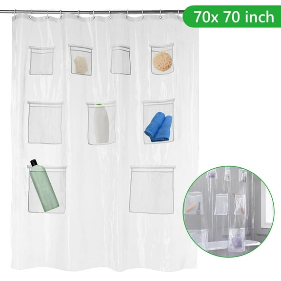 Tripumer Shower Curtain 70 x 70 inch Shower Liner Mesh Pockets Shower Curtain for Bathroom Shower and Storage Pockets Clear