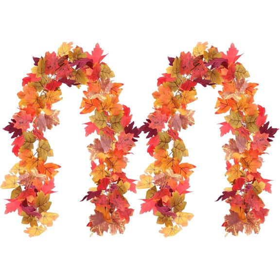 2 Packs Maple Leaves Garland,5.7FT Thanksgiving Maple Leaf Rattan Decoration,Fall Garland for Mantle,Fall Leaves Garland,Indoor/Outdoor Decor Fall Garland for Halloween Thanksgiving Decor