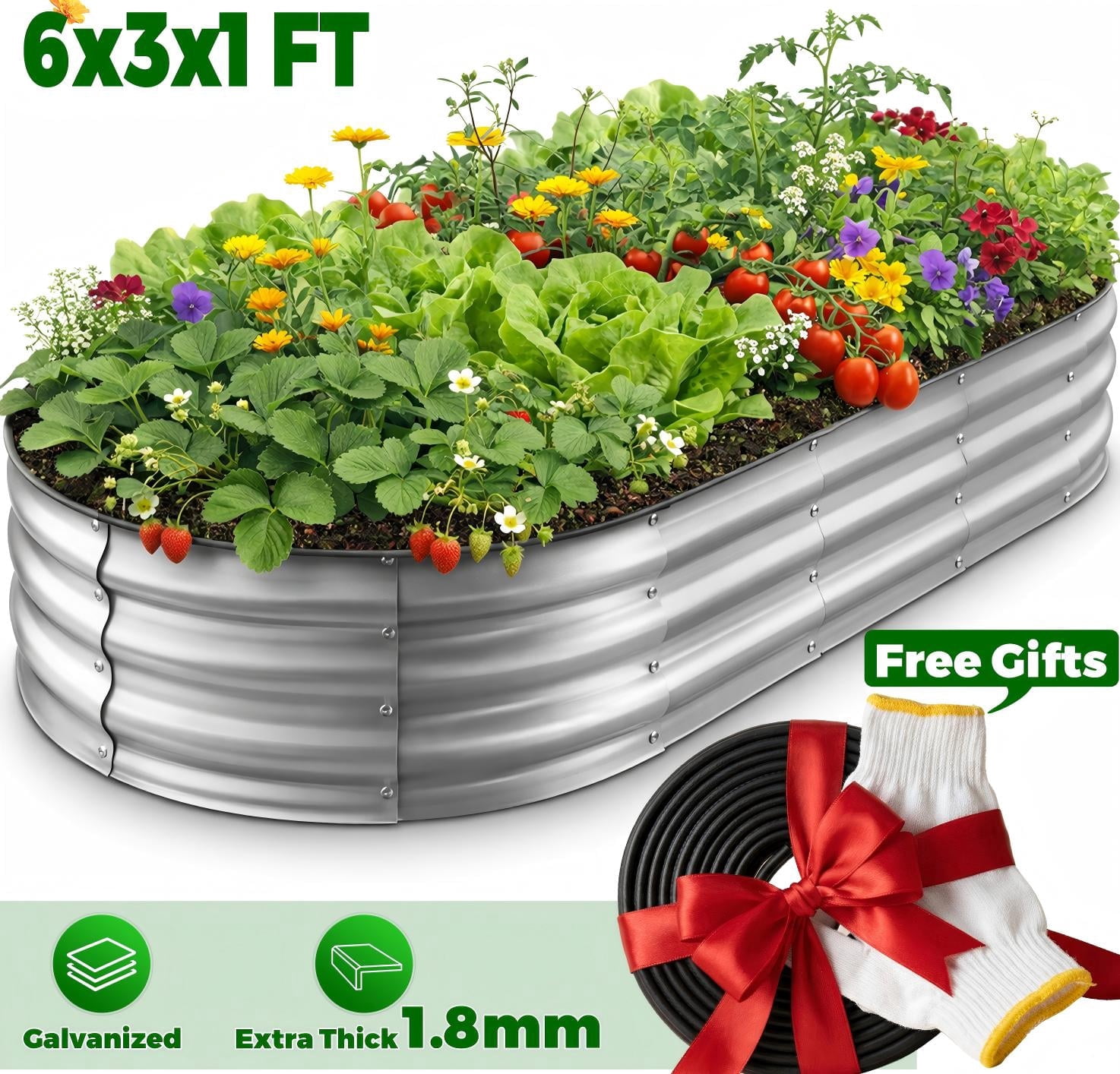 Raised Garden Bed, Younik 6x3x1ft Oval Galvanized Raised Garden Beds with Safety Edging and Gloves for Outdoor Plant Vegetables, Flower, Silver