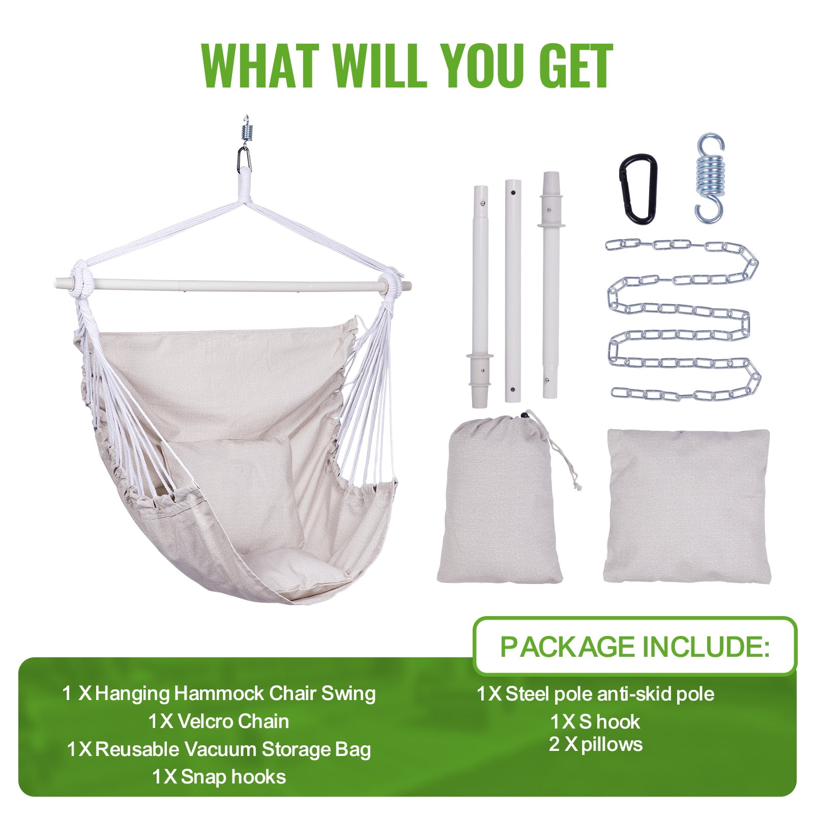 Backyard Expressions Hammock Chair Hanging Rope Swing Chair, 2 Pillows, Anti Slip Steel Spreader Bar
