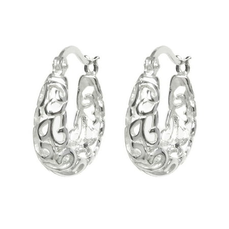 - Sterling Silver Filigree Flower Ring Hoop Huggie Hoop Earrings (20mm)