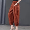 thumbnail image 2 of Pantalon Grand en Lin Uni à Taille Haute Élastique d'Été pour Femmes, 2 of 5