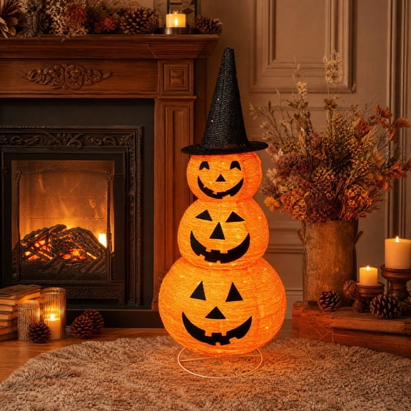 3 Tier Lighted Halloween Stacked Pumpkin LED Decor, Foldable Paper Pumpkin with Witch Hat, Indoor Outdoor Porch Yard Party Decoration, Battery Operated Spooky Fall Ornament, Orange