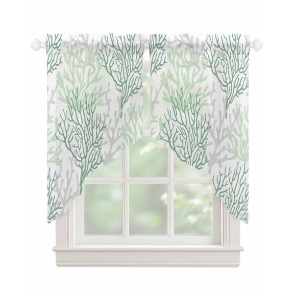 Sage Green Coral Coastal Swag Valances for Windows, Summer Beach Seaside Nautical Rod Pocket Sheer Valances for Small Windows, Swag Toppers Light Filtering for Kitchen Living Room 2 Panels 28''x36''