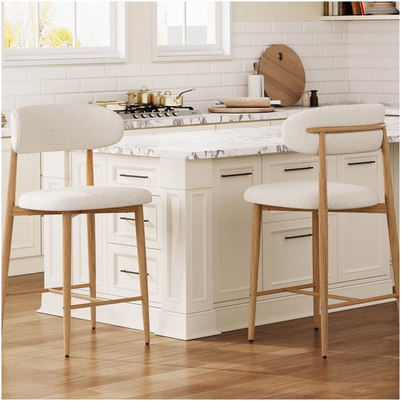 Kitchen Island Stools Set of 2, 26 Inch Modern Bar Stools with Upholstered Seat, Beige Fabric and Black Metal Legs for Counter Height Table