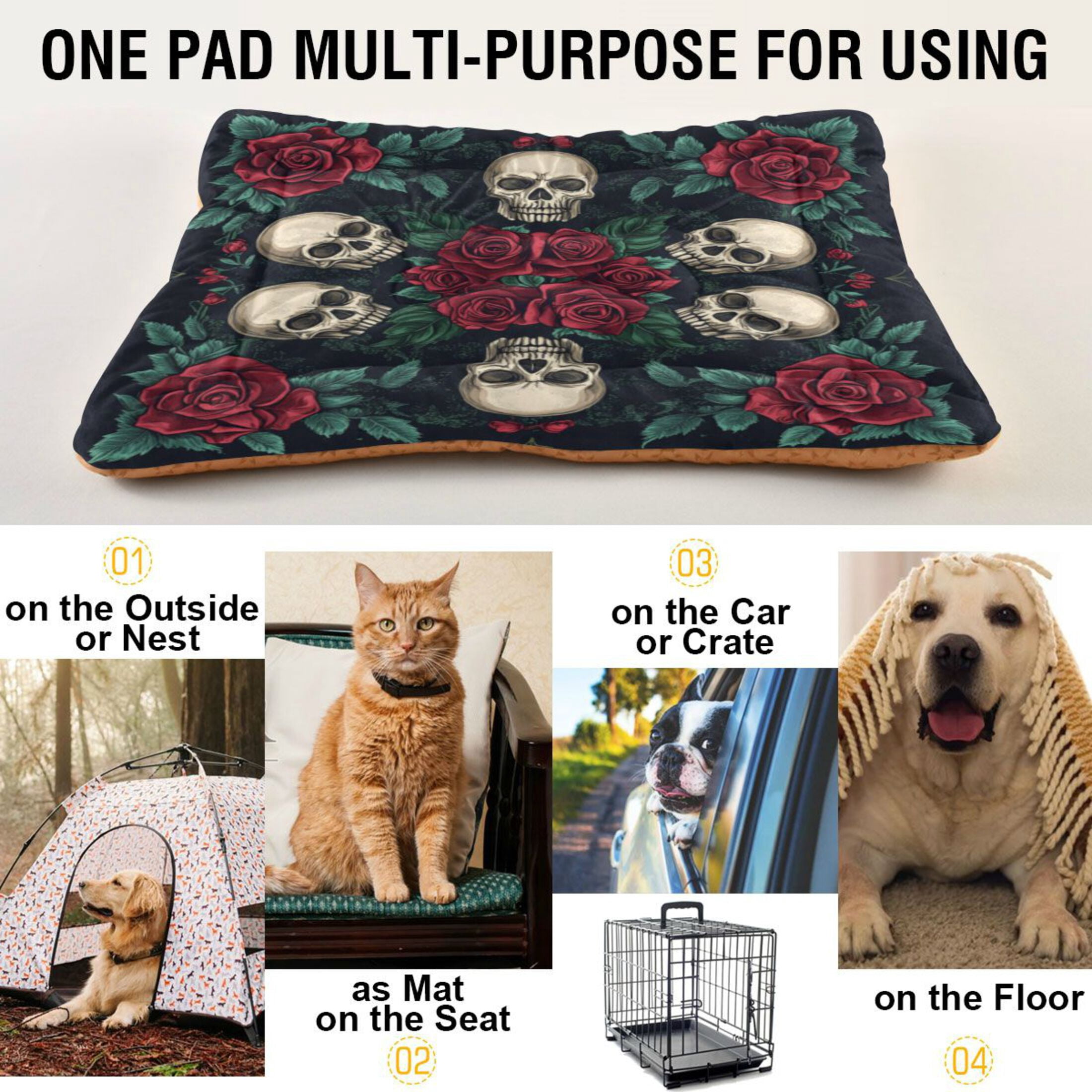 Qxltty Skull Red Rose Darkpattern Ped Pad Wear-resistant and Hard to Bite Through Sleeping Pad for Small Medium Large Dogs Winter Pet Bed 36×24in