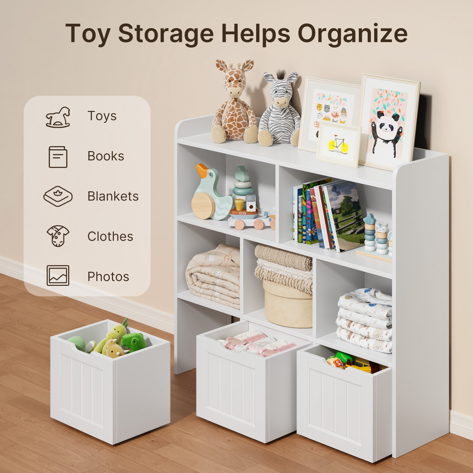 Toy Storage Organizer, Lofka Kids Bookcase with 3 Movable Drawers and 6 Open Shelves  for Nursery, Kids' Bedroom & Home, White