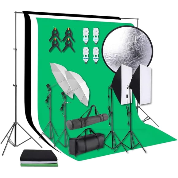 Mastery Brand Kit de Luces para Fotografia, Kit de Iluminación Fotográfico Profesional: Softbox, Set Sombrillas, Focos 45w luz led, Ciclorama Pantalla Verde de Fondo 2x3m para Streaming, Videos y Foto