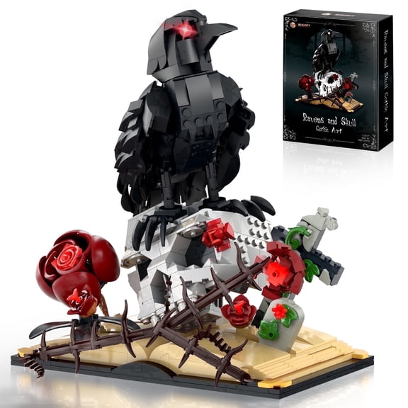 Ravens & Skull Building Set - Gothic Art Blocks Compatible with Lego, Red Roses, Thorn Vines & Book Base, Home Decor Gift for Teens Adults (758 Pcs)