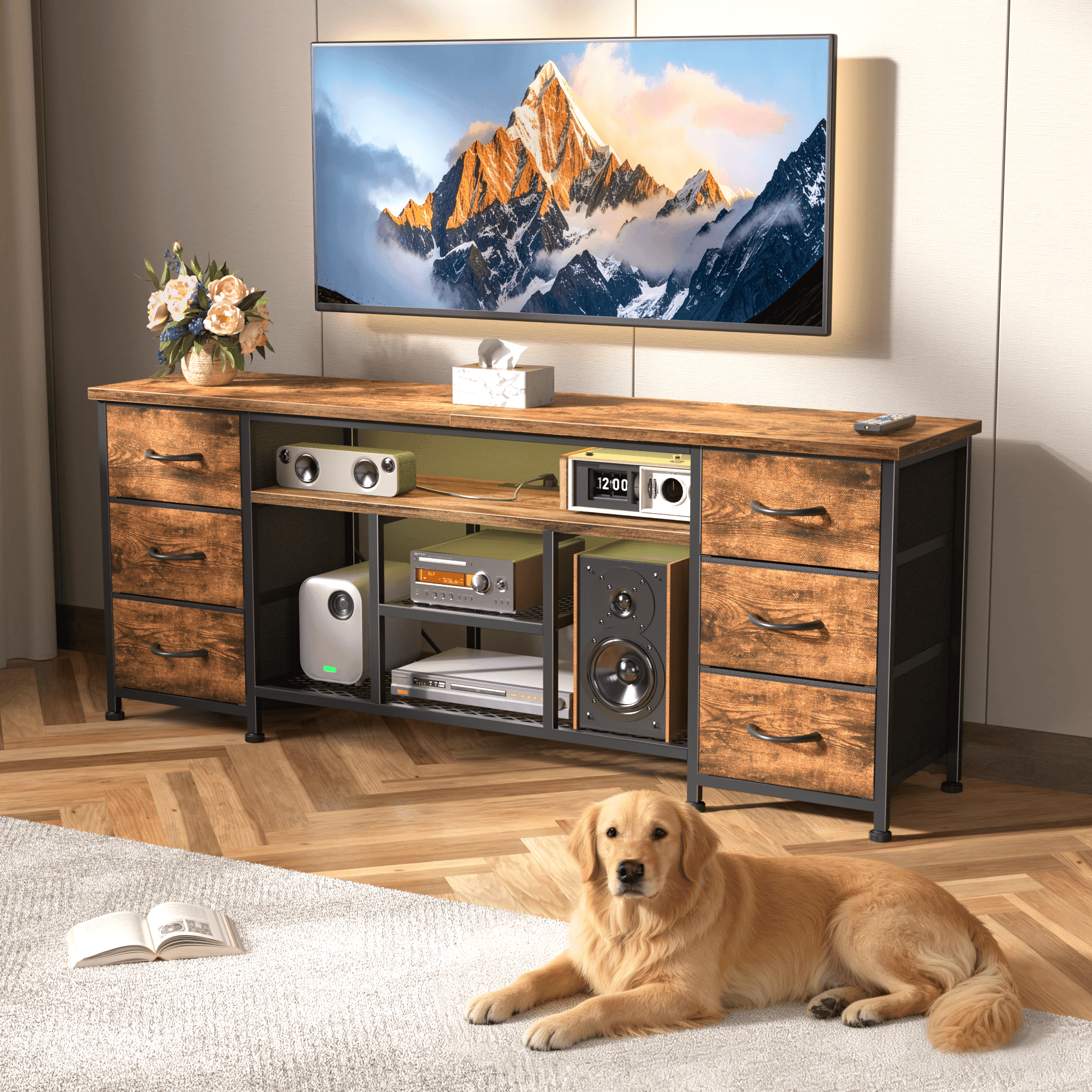 Tydimor Modern TV Stand for TVs up to 60", LED Entertainment Center with Power Outlets and 6 Drawers, Media Console with Storage for Living Room, Rustic Brown
