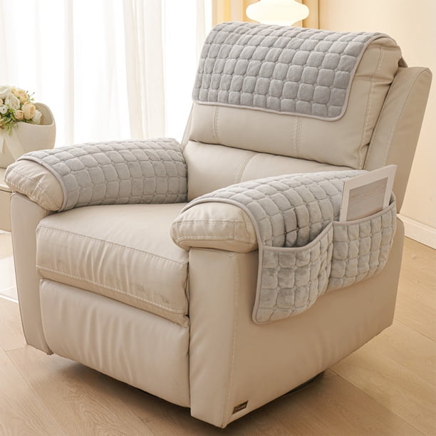 Funda de reposabrazos del sofá para sillón reclinable | Protector antideslizante de peluche de franela | 100% Poliéster | 25,98"x19,69" | Respaldo de silicona antideslizante | Lavable | Blanco,