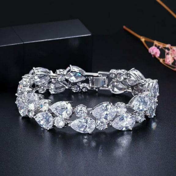 Silver Plated Cubic Zircon CZ White Crystal Mona Lisa Bangle Bracelet for Women