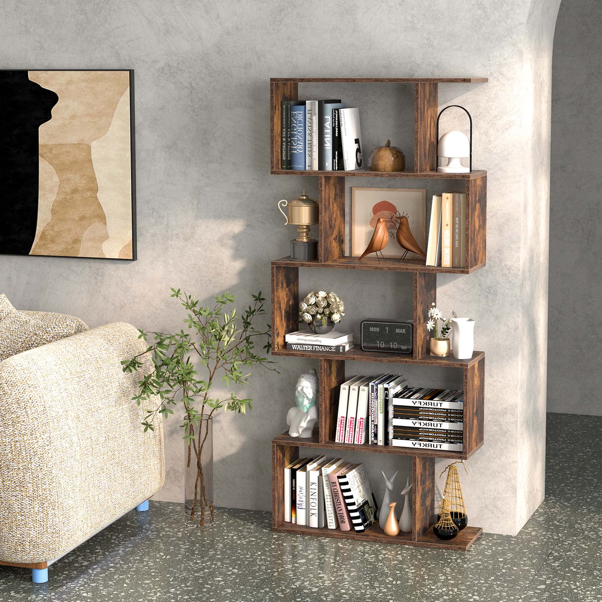 Costway 1 PC 5-Tier Bookshelf Geometric S-Shaped Bookcase Room Divider Storage Display Shelf Brown