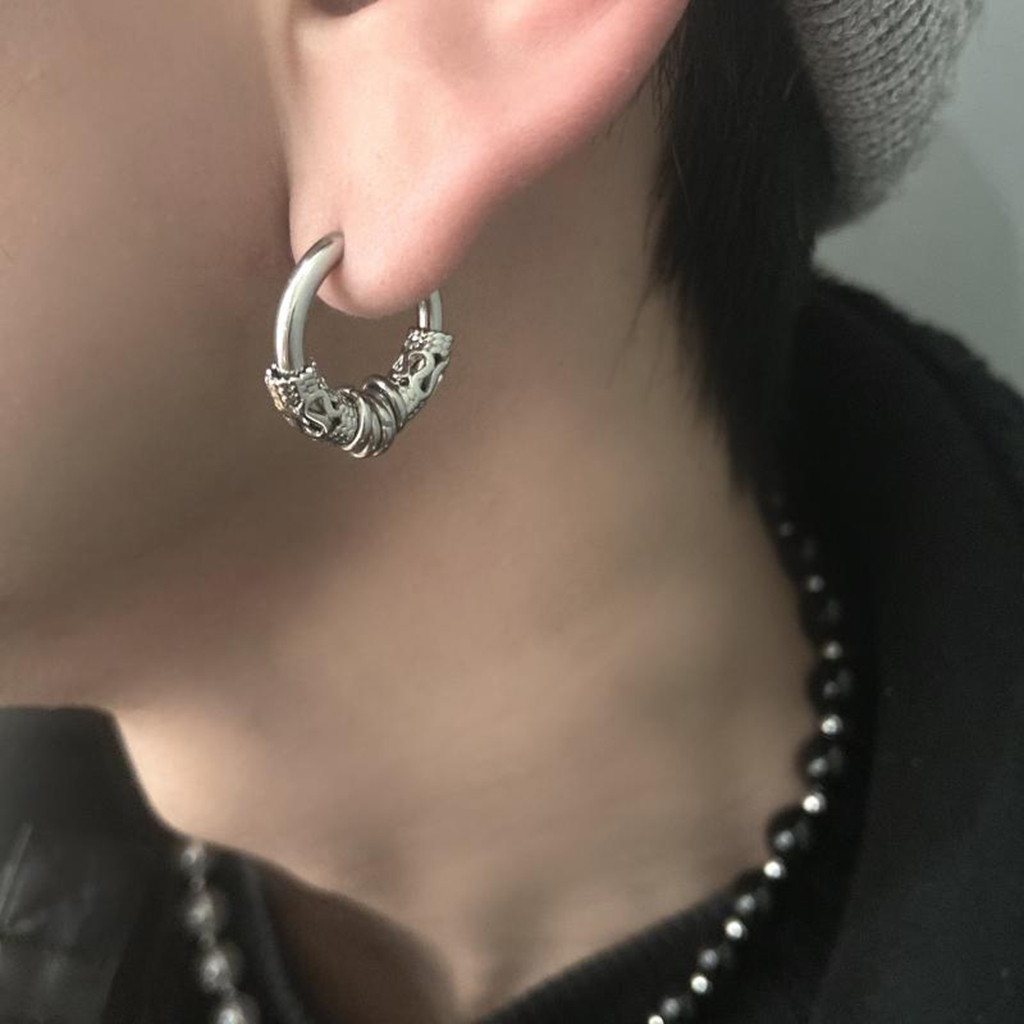 M Men Style Men Feather And Ring Long Chain With Arrowhead Huggie Ear Studs  Punk Titanium