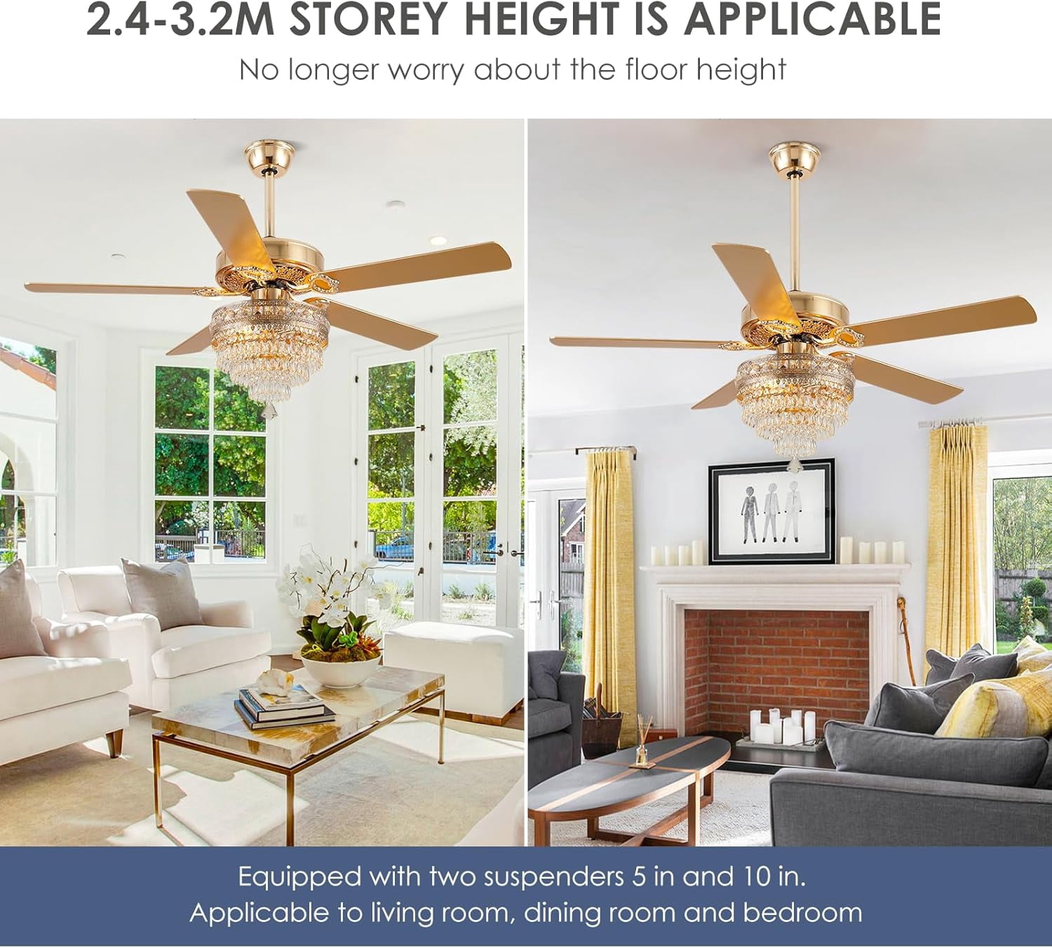 YIOSI 52" Crystal Ceiling Fan with Lights,Fandelier, Gold Chandelier Ceiling Fan with Remote Control, 3-Speed Silent AC Motor, Farmhouse Style for Living Room & Bedroom