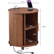 18 Inch Nightstands Set of 2, Fluted Round Wood Nightstand with Charging Station, Small End Table for Living Room, Sliding Door Round Side Table with Storage for Bedrrom (18 inch, Walnut)