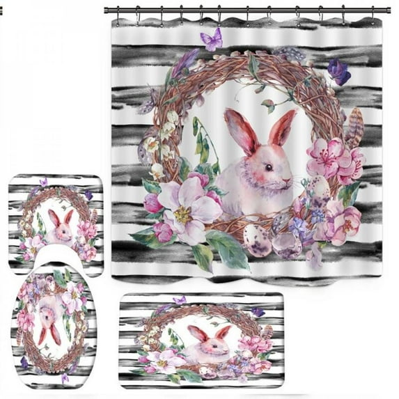 Wisremt Happy Easter Shower Curtain 4-piece Toilet Mat U-pad Set 70.8 "shower Curtain For Home / Hotel / Party Decoration