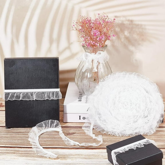 20Yds Organza Ruffled Pleated Lace Fabric Tulle Trim Ribbon 1 inch White Single Satin Elastic Stretch Lace Edge Trimmings Gathered Ruffle Fringe Appliques Patches