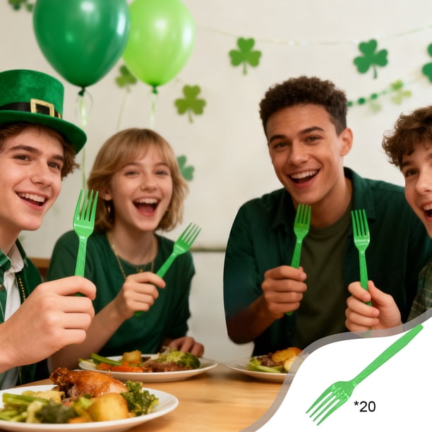 St. Patrick's Day Tableware Set, Green Lucky Shamrock and Plaid Disposable Plates, Cups, Napkins, Forks, Spoons, Knives, Straws, Banner for St. Paddy's Day, Irish-Themed Birthday Party Supplies