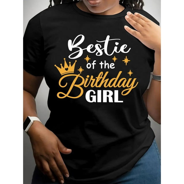 Camiseta con estampado "Bestie Of The Birthday Girl", manga corta, cuello redondo, informal, para verano y primavera, ideal para el tiempo libre.