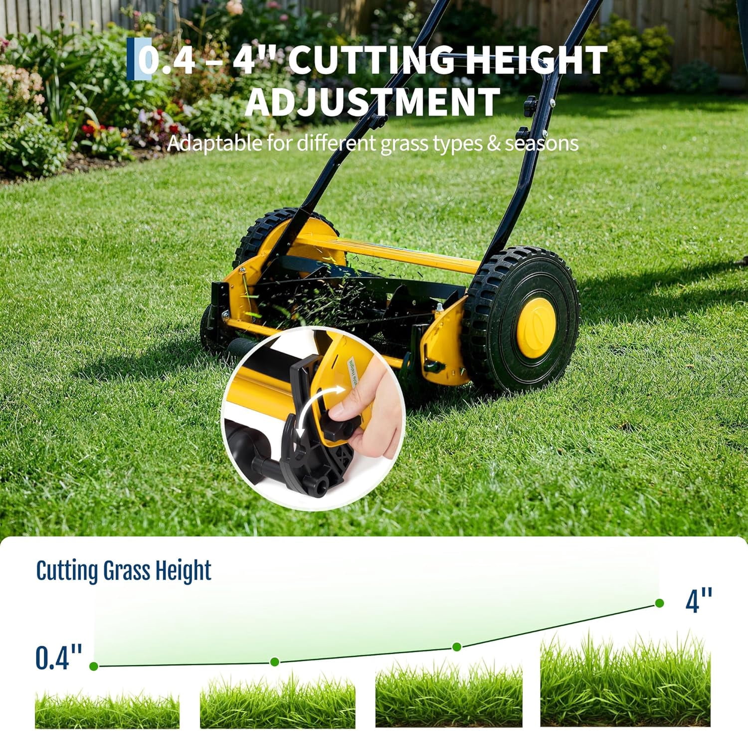 14in Push Reel Lawn Mower 5-Blade Manual Walk-Behind Mower Adjustable Cutting Height Compact Quiet for Small Yards and Easy Lawn Care